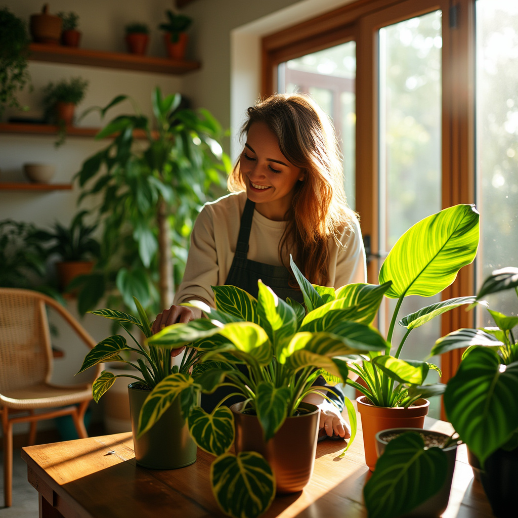 Lia arranges colorful houseplants like the Chameleon ZZ plant and Lemon Meringue pothos in a bright, sunlit room with floor-to-ceiling windows. The room, styled with natural wood elements, is filled with vibrant greens and golden foliage, creating a calm, biophilic design environment.