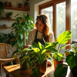 Lia arranges colorful houseplants like the Chameleon ZZ plant and Lemon Meringue pothos in a bright, sunlit room with floor-to-ceiling windows. The room, styled with natural wood elements, is filled with vibrant greens and golden foliage, creating a calm, biophilic design environment