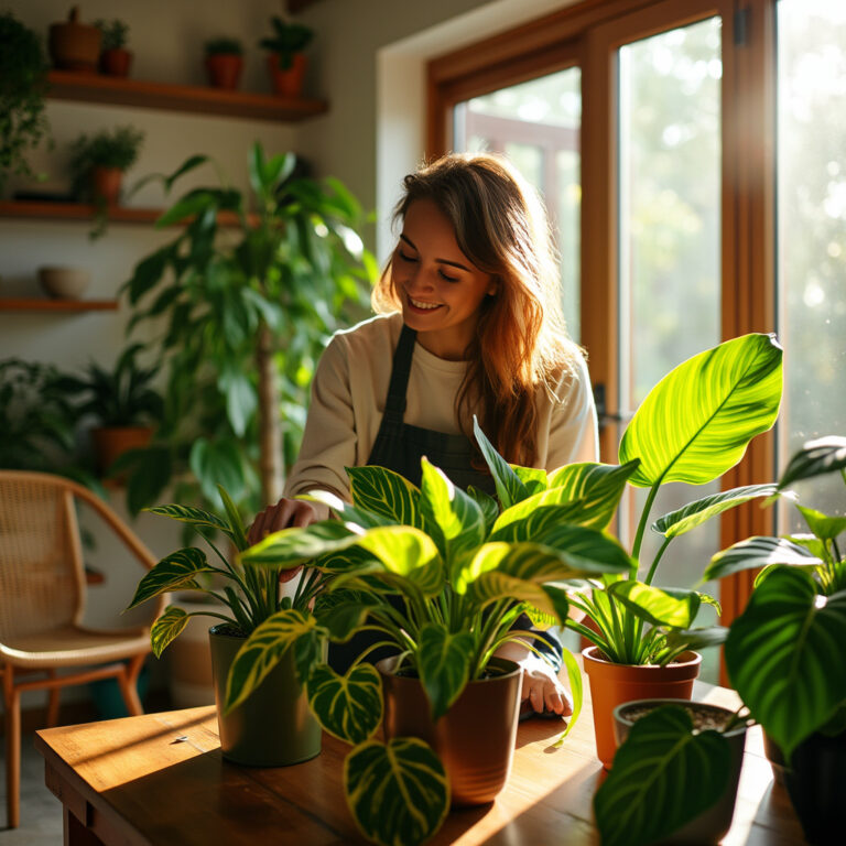 Lia arranges colorful houseplants like the Chameleon ZZ plant and Lemon Meringue pothos in a bright, sunlit room with floor-to-ceiling windows. The room, styled with natural wood elements, is filled with vibrant greens and golden foliage, creating a calm, biophilic design environment