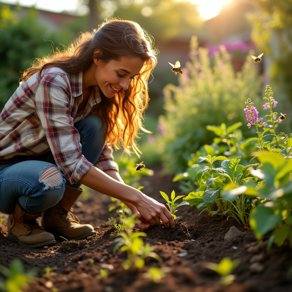 Lia kneels in an eco-friendly garden, planting seedlings into raised beds. Around her, pollinator-friendly plants like bee balm and bronze fennel attract bees and butterflies. The lush, vibrant garden showcases sustainable gardening practices, with rich soil and a rainwater collection system visible in the background