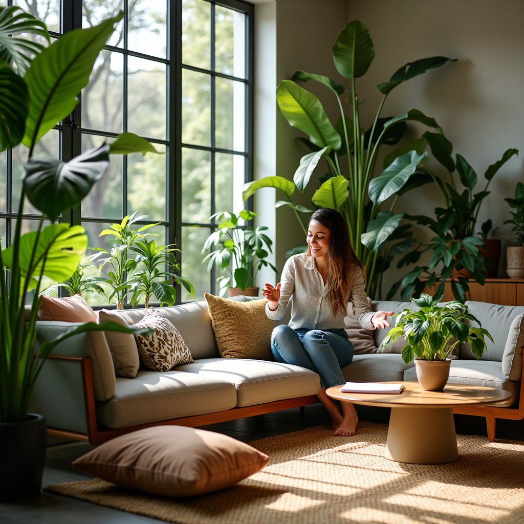 Lia carefully places tropical plants like monstera and philodendron in stylish ceramic pots within a modern living room. The room is bathed in natural light, with wooden textures and earthy tones enhancing the serene atmosphere. The Black Gold snake plant adds a striking pop of color to the space.