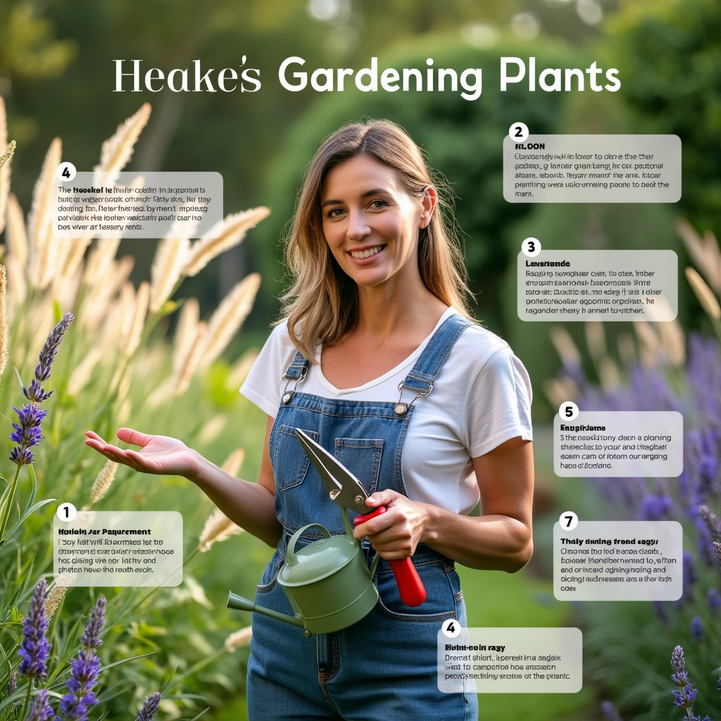 Lia, dressed in practical gardening gear, shares tips on plant care, holding a watering can and pruning shears. She tends to fragrant lavender and gardenia plants in a meticulously maintained garden. Infographic elements in the scene highlight watering schedules and sunlight requirements for healthy plant growth.