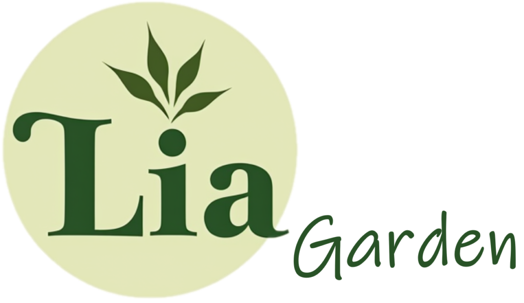 LiaGarden logo with a stylized green leaf forming the letter "L," symbolizing nature and gardening.