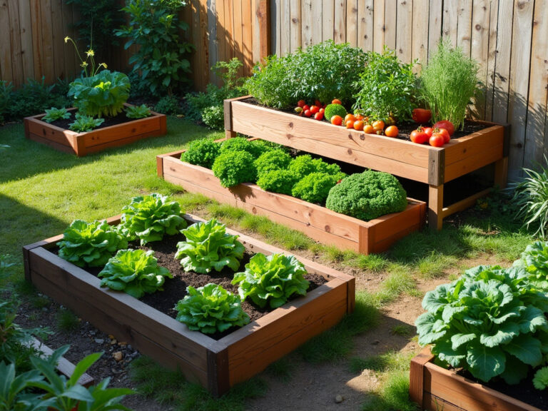 A backyard garden featuring rectangular, tiered, and square foot raised beds filled with vegetables.