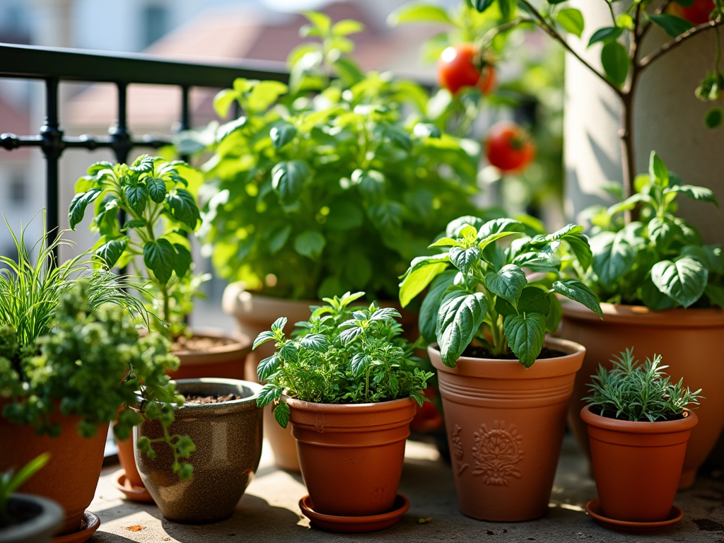 Potted herbs and vegetables on a sunny patio, with containers of various sizes and shapes.