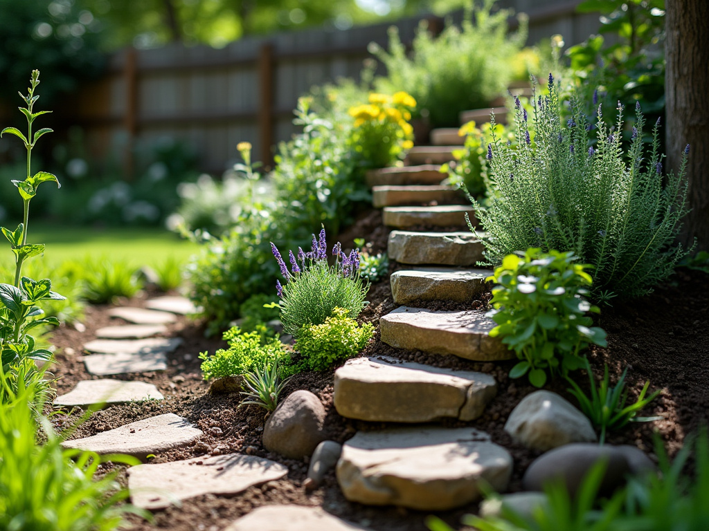 A spiral herb garden featuring thyme, rosemary, and lavender planted at various levels.