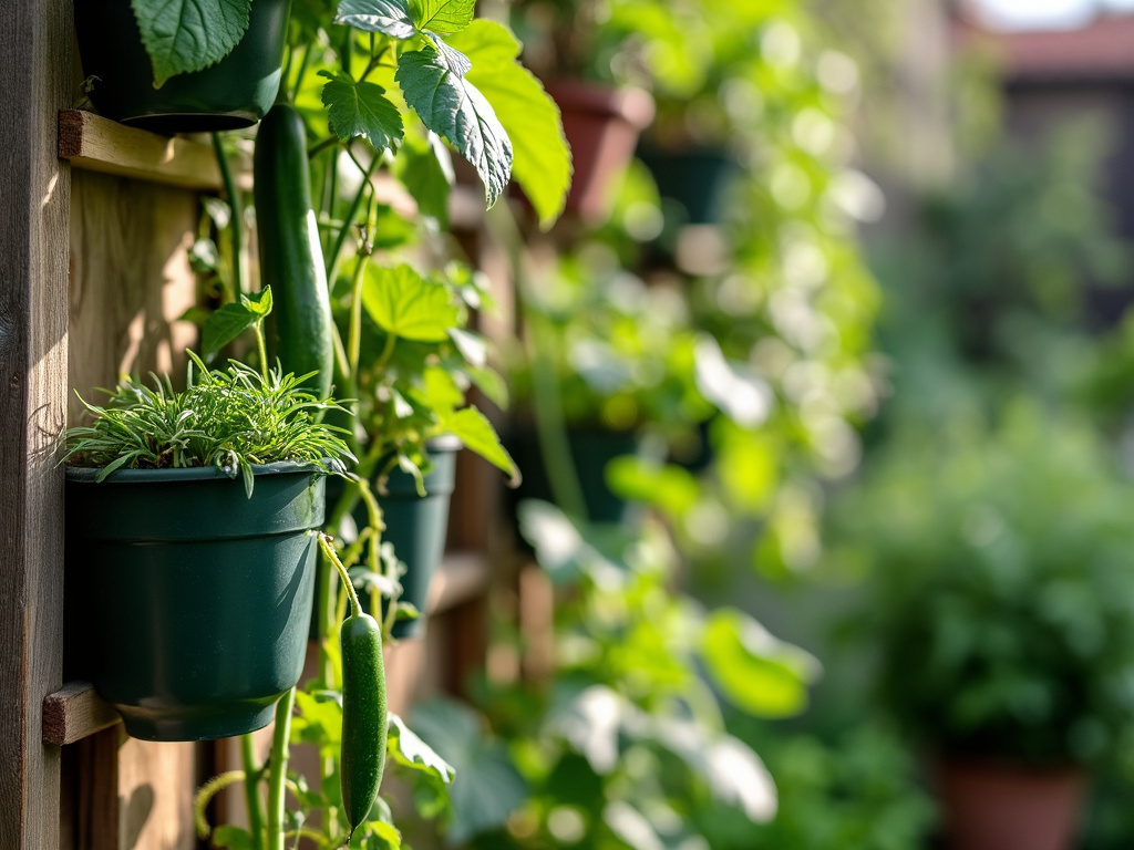 A small garden with climbing vegetables like cucumbers and peas growing on trellises, alongside hanging pots with herbs.